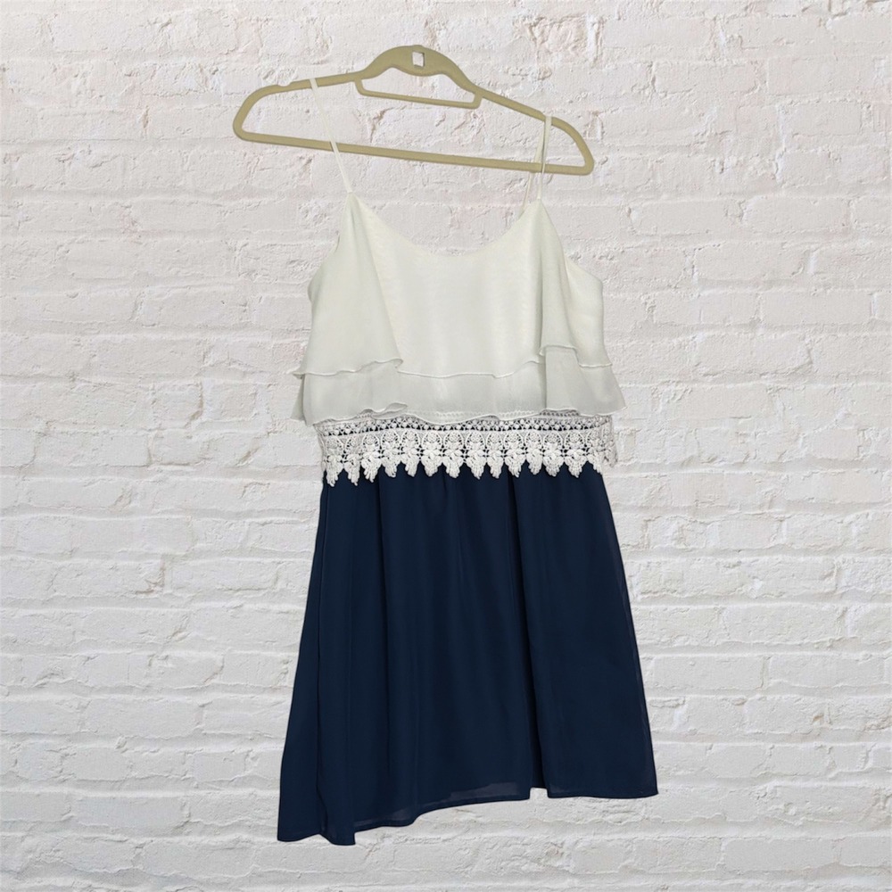 Teeze Me Colorblock Mini Dress White Tiered Lace Navy Blue Chiffon M